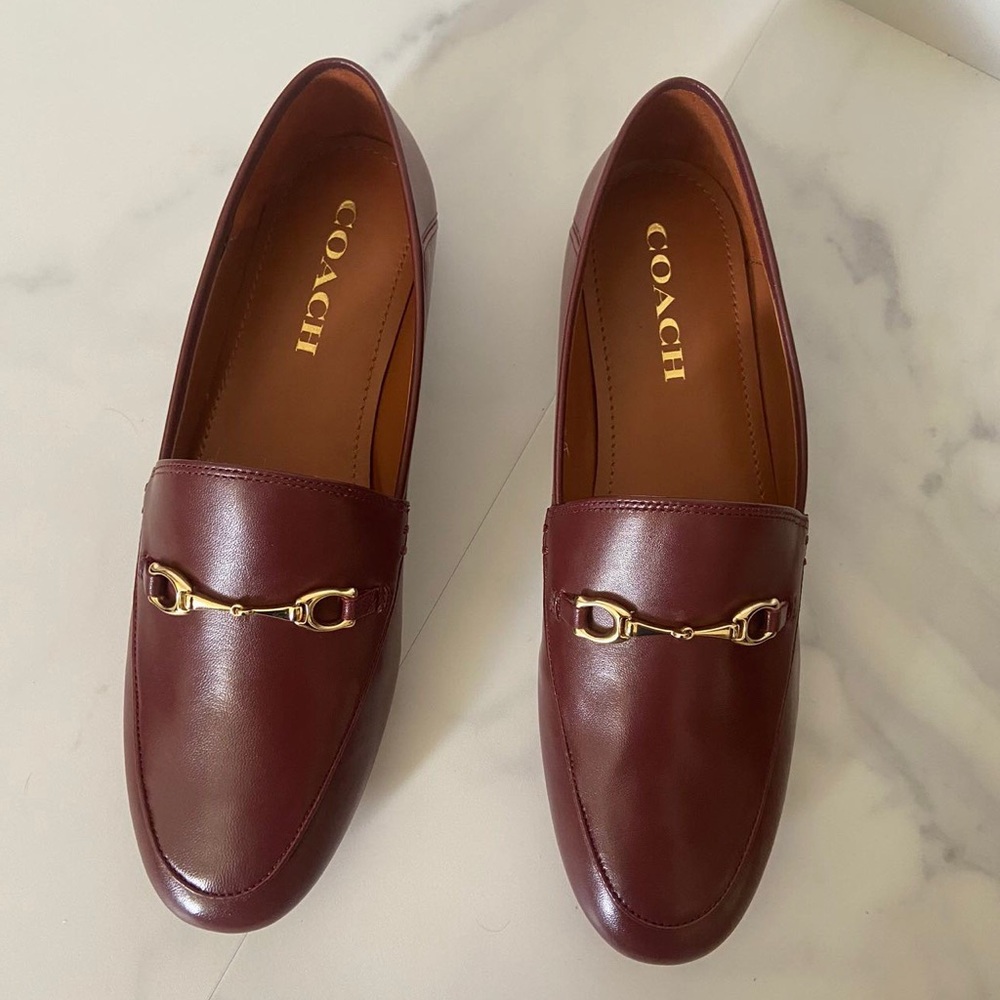 Coach Women's Burgundy Leather Loafers with Gold Hardware